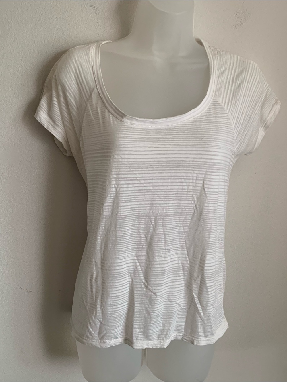 Athleta White Striped Sheer Scoop Neck Short Sleeve Tee